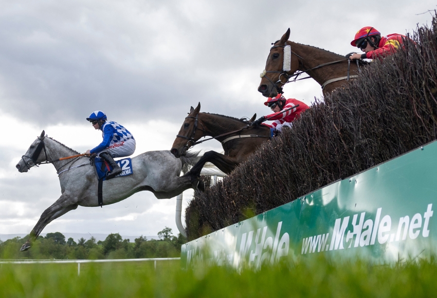 The Sam Ewing-ridden Duffle Coat on his way to winning the McHale Mayo National Handicap Chase for trainer Gordon Elliott last year. Elliott has made six entries for the latest renewal of the race which takes place at Ballinrobe on Monday week. Photo: Patrick McCann/Racing Post
