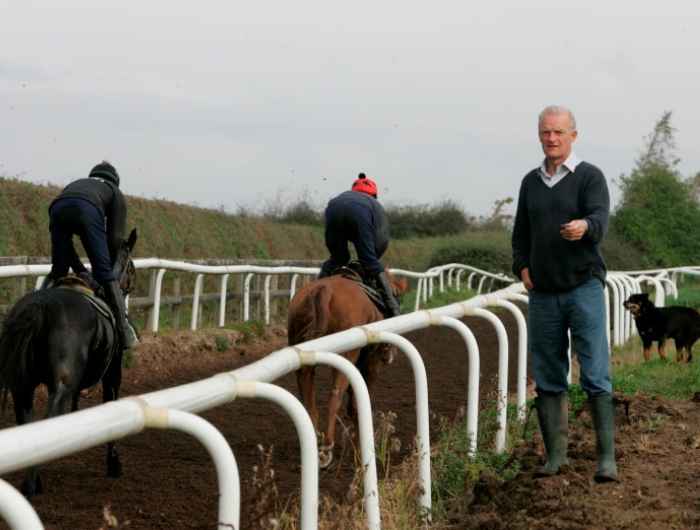 Willie Mullins watches horses on gallops