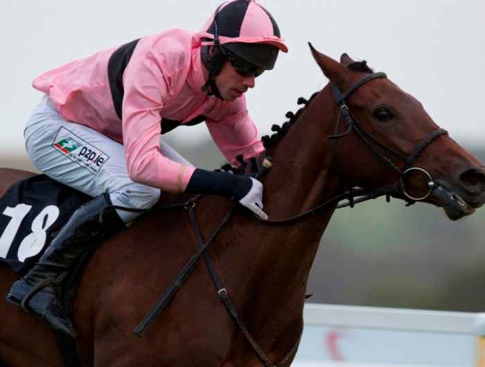 Derek O'Connor sitting riding horse in race