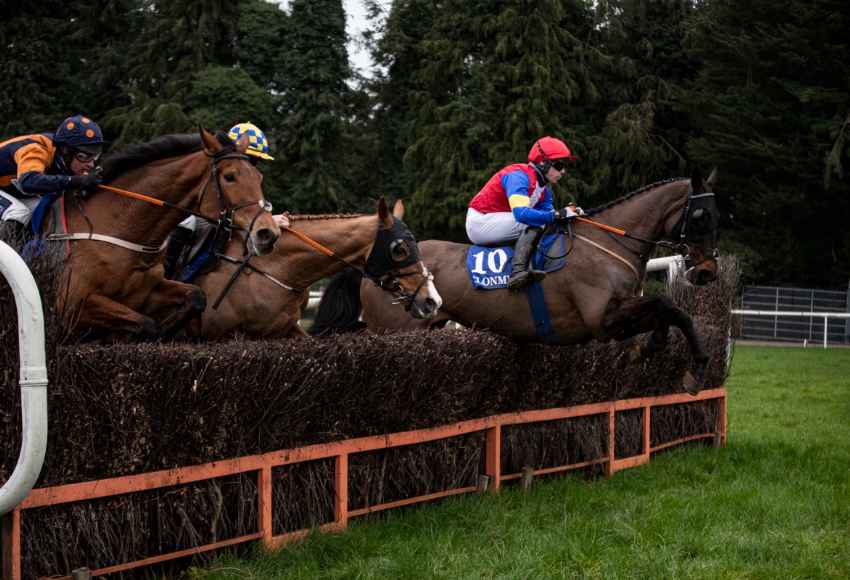 Denis O'Regan leading the way as the horse jumps over the fence at Clonmel Racecourse