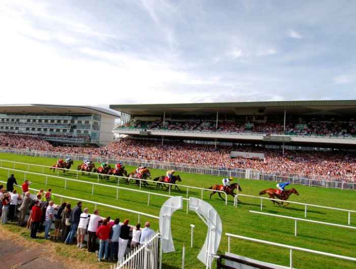 View of Galway races with horses running on the track